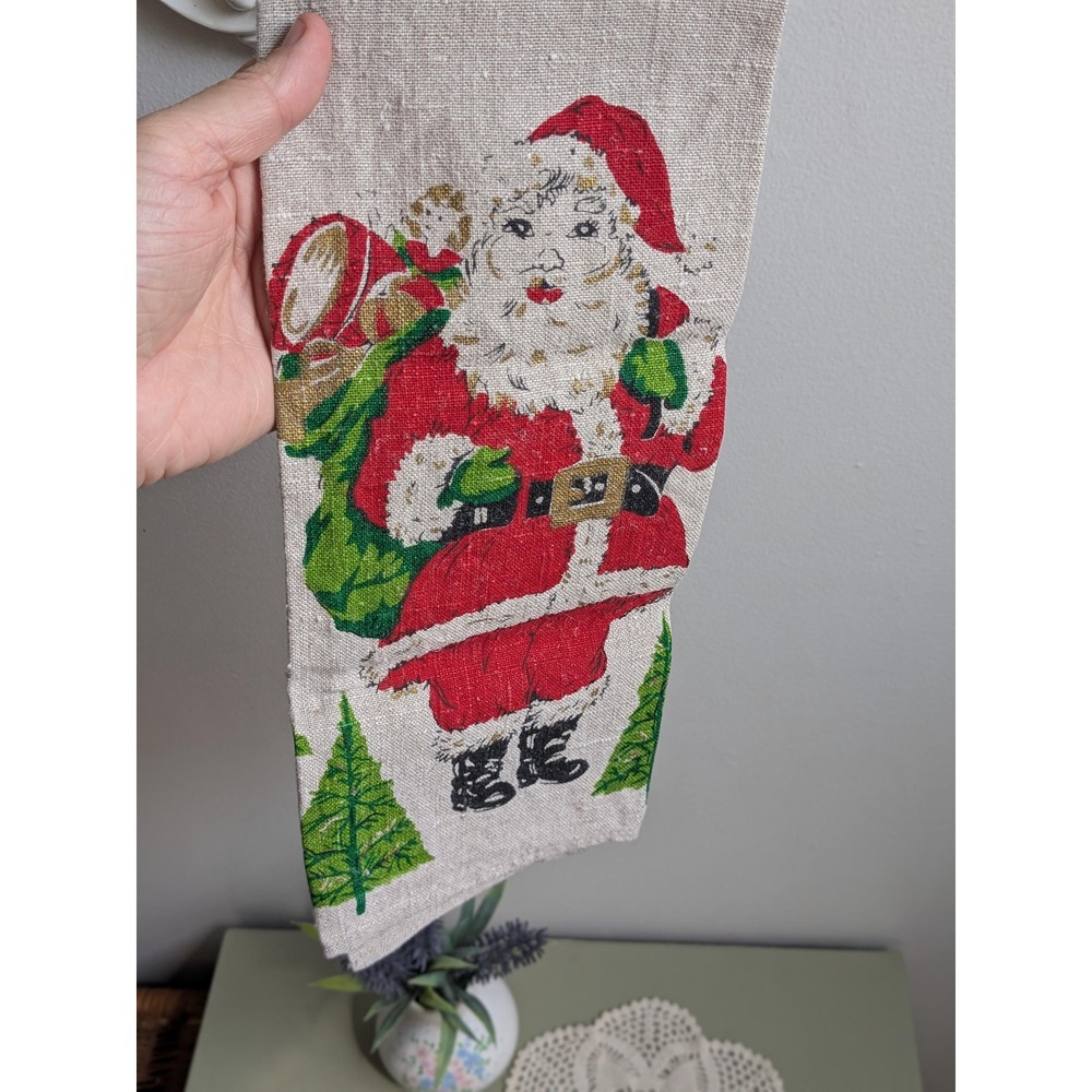 Vintage Christmas Kitchen Towel Santa Claus Linen Tea Towel Gold Snowflakes